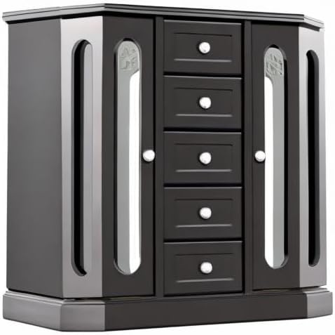 RR ROUND RICH DESIGN Vintage Jewelry Armoire with Mirror Black | Solid Wood Jewelry Box Organizer with 5 Drawers & 2 Glass Doors - Large Capacity Desktop Dresser Case