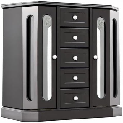 RR ROUND RICH DESIGN Vintage Jewelry Armoire with Mirror Black | Solid Wood Jewelry Box Organizer with 5 Drawers & 2 Glass Doors - Large Capacity Desktop Dresser Case