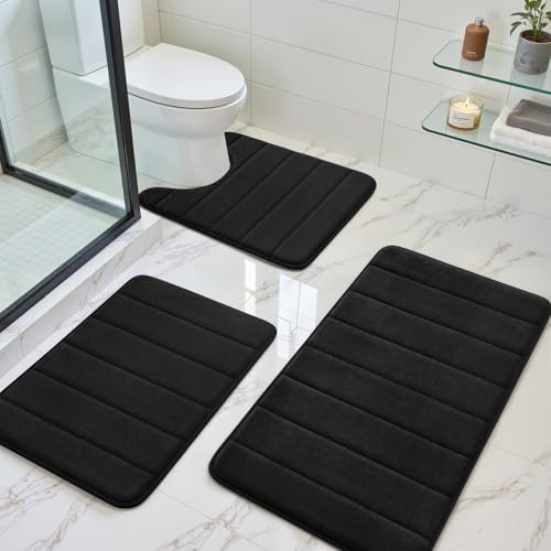 BYSURE Black Memory Foam Bathroom Rug Set 17"x24"+20"x32"+U20 x24