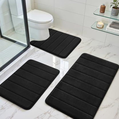 BYSURE Black Memory Foam Bathroom Rug Set 17"x24"+20"x32"+U20 x24