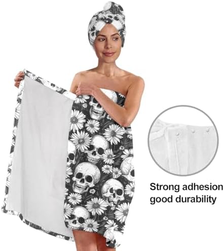 Gothic Bath Wrap Set with Hair Turban, Black White Skull Daisy Pattern, Spa Towel Wrap