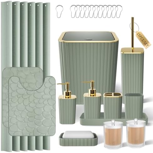 XLHOMO Bathroom Accessories Set - 25PC Sage Green Bathroom Set, Bathroom Set with Shower Curtain and Rugs, Sage Green Shower Curtain Set, Bathroom Accessory Set, Trash Can & Soap Dispenser