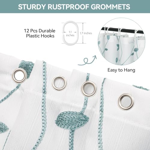Embroidered Leaf Farmhouse Shower Curtain,Faux Linen,72Wx72L,White Teal