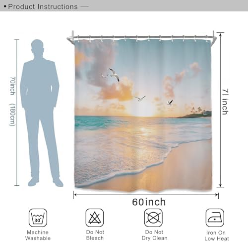 Miyotaa Beach Coastal Shower Curtain Set 60Wx71H Inches Sea Ocean Sunrise Sunset Scene Wave Seagull Hawaiian Seaside Waterproof Bathroom Curtain with 12 Hooks