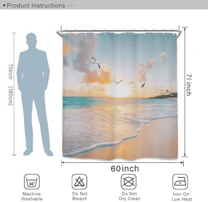 Miyotaa Beach Coastal Shower Curtain Set 60Wx71H Inches Sea Ocean Sunrise Sunset Scene Wave Seagull Hawaiian Seaside Waterproof Bathroom Curtain with 12 Hooks