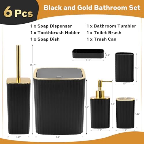 6PCS Bathroom Accessories Set,Black and Gold Bathroom Set for Modern Homes