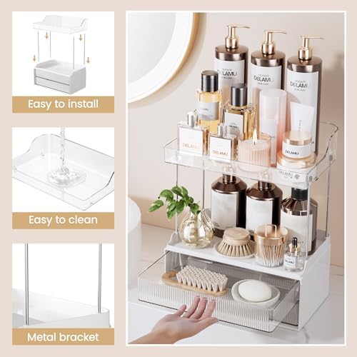 Delamu 4-Tier Makeup Organizer, Bathroom Counter Storage, 2 Drawers,Clear