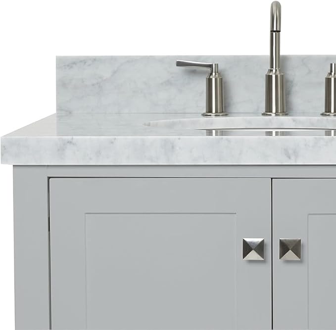 ARIEL Cambridge 42-inch Bathroom Vanity with Sink,Solid Wood, 1.5-inch Italian Carrara Marble Countertop & Backsplash, Single Oval Porcelain Sink, 2 Soft Closing Doors, 5 Dovetail Drawers, Grey