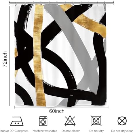 Abstract Modern Shower Curtain 60Wx72L Inch Black Gray Gold Minimalist Contemporary Art Geometric Neutral Bathroom Set Accessories Decor with 12 Pack Hooks