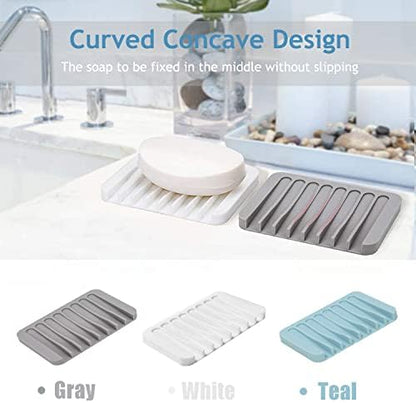 Self Draining Soap Dishes, 3 Pcs Silicone Soap Saver, Waterfall Drainer Soap Holder for Bathroom, Extend Soap Life, Keep Soap Bars Dry Clean & Easy Cleaning (White, Gray, Teal)