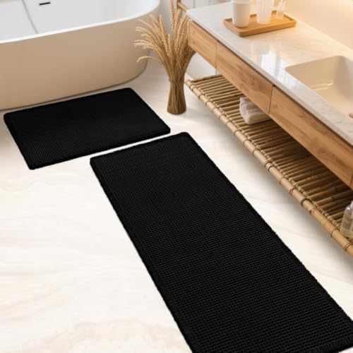 IM HOME Waffle Bath Mat Set 2 Piece Black,Woven Modern Bath Rug Mats, Absorbent Non Slip Bath Floor Mat, Soft Washable Boho Bath Rugs with Tassels for Bathroom, Bedroom, Kitchen,Tub