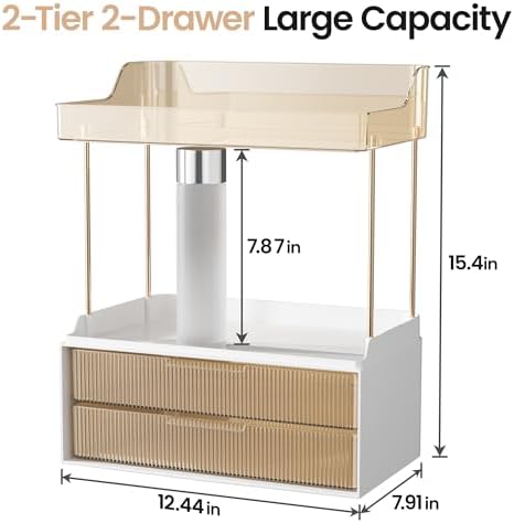 Delamu 4-Tier Makeup Organizer, Bathroom Counter Storage, 2 Drawers, Amber