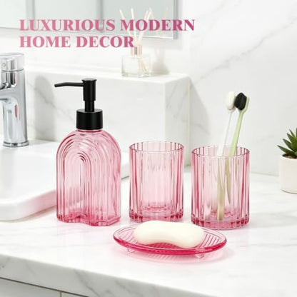 Bathroom Accessories Set, 4Pcs Glass Bathroom Accessories Set Complete, 11.6OZ Lotion Soap Dispenser, Toothbrush Holder, Mouthwash Cup, Soap Dish for Bathroom Decor, Countertop Organizer (Pink)