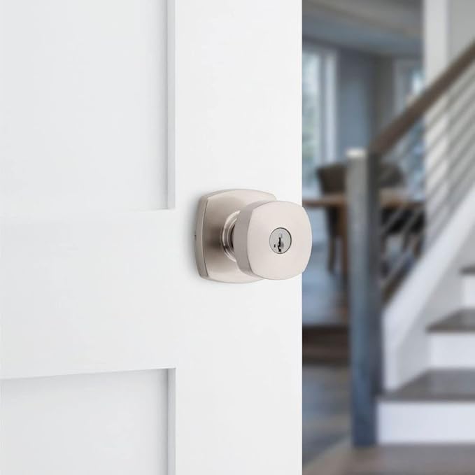 Kwikset Arroyo Knob Entry Door Knob with Lock and Key, Secure Keyed Handle Exterior, Front Entrance and Bedroom, Satin Nickel, Pick Resistant SmartKey Rekey Security and Microban