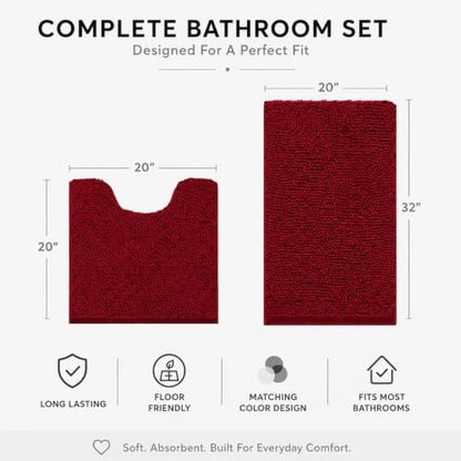 Bathroom Rugs Sets 2 Piece,Super Absorbent Soft,Thick,Machine Washable Chenille Bath Mat,Non Slip Toilet Floor Rug,Bath Mats for Bathroom,20x32 Plus 20x20 U Shape,Burgundy