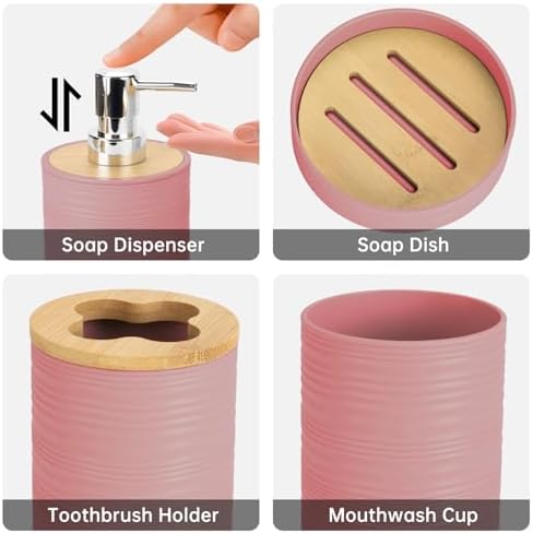RRM 4 Piece Bamboo Bathroom Accessories Set, Boho Bathroom Decor,LightPink
