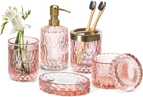EMPO 6PCS Bathroom Clear Glass Accessories Set (Lotion Soap Dispenser, Soap Dish, Toothbrush Holder, Tumbler, Cotton Swab Jar), Contemporary Modern Decor Crystal Vintage Gift (6pcs Light Pink)