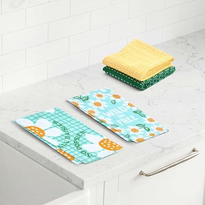 Ritz 4-Piece Kitchen Towel Set, All Daisies & Wild and Free Floral Prints with Pine Green & Yellow Textured Terry, 100% Cotton & Absorbent Blend, 16" x 26", Boho Spring Daisy Kitchen Decor