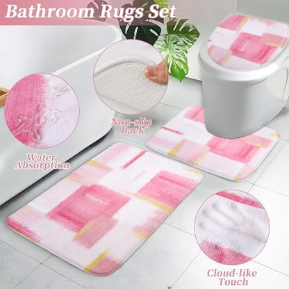 XLHOMO Bathroom Accessories Set - 26PCS Pink Bathroom Set, Bathroom Accessory Set with Shower Curtain and Rugs and Bathtub Mats for Home