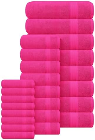 GLAMBURG Ultra Soft 24-Piece Towel Set - 100% Pure Ringspun Cotton, Contains 8 Oversized Bath Towels 27x54, 8 Hand Towels 16x28, 8 Wash Cloths 13x13 - Ideal for Everyday use, Hotel & Spa - Hot Pink