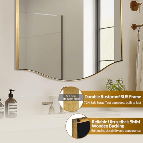 ANDY STAR Rectangle Scalloped Mirror, 36"x48" Brushed Gold Bathroom Mirror in SUS304 Stainless Steel Metal Frame, Brass Vanity Mirror with Unique Arched Top Design