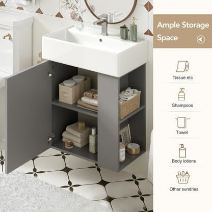 BNSPLY 22 Inch Floating Bathroom Vanity with Sink, Wall Mounted Bathroom Vanity Cabinet with Ceramic Sink, Modern Single Basin Vanities, Small Restroom Basin Cabinet with Right Side Storage, Gray