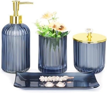 Haturi Glass Bathroom Accessories Set, Blue Bathroom Set, 4 Pcs
