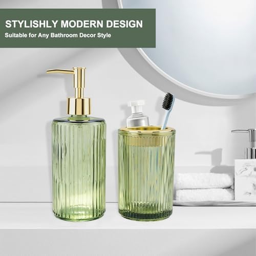 Green Glass Bathroom Accessories Set, Soap Dispenser and Toothbrush Holder