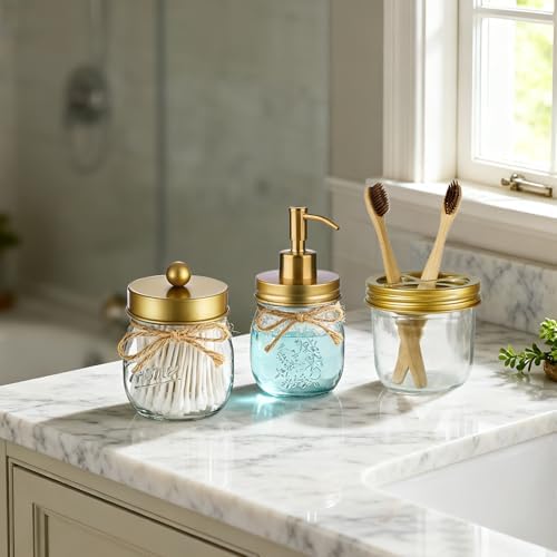 Amolliar Glass Mason Jar Bathroom Accessories Set 4 Pcs (Gold)