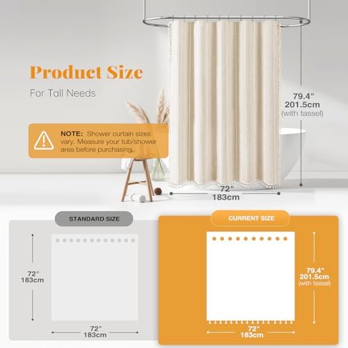 BTTN 72x78 Long Boho Farmhouse Linen Heavy Duty Shower Curtain, Cream/Beige