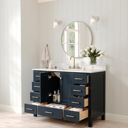 ARIEL Cambridge 48-inch Bathroom Vanity with Sink,Solid Wood, 0.75-inch Italian Carrara Marble Countertop, Single Rectangular Porcelain Sink, 2 Soft Closing Doors, 9 Dovetail Drawers, Midnight Blue