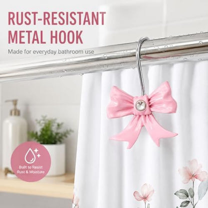 Decorative Shower Curtain Hooks Bow Tie Rust Resistant Hooks Glide Shower Ring Hangs Holder Bling for Bathroom, Pack of 12