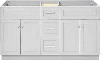 ARIEL Hamlet 60-inch Bathroom Vanity Base Cabinet,Solid Wood, 4 Soft Closing Doors, 3 Dovetail Drawers, Brushed Nickel, Grey