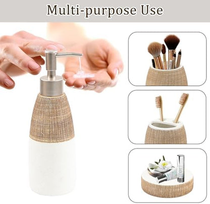 CERBIOR Bathroom Accessories Set,4 PCS Ceramic Bath Accessory,Brown White