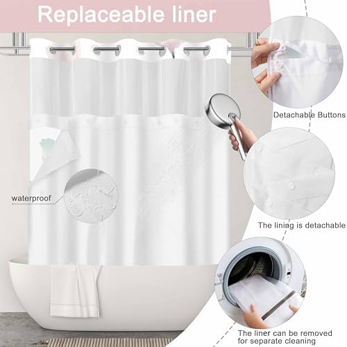 No Hook Shower Curtain and Liner Set, Light Pink Boho Floral 71x84