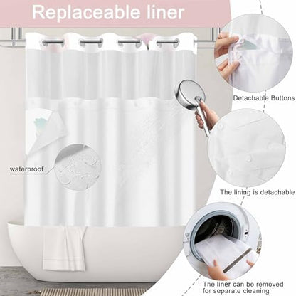 No Hook Shower Curtain and Liner Set, Light Pink Boho Floral 71x84