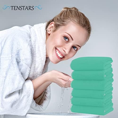 TENSTARS Silk Hemming Hand Towels for Bathroom - Quick Drying - Ultra Soft Microfiber Absorbent Towel for Bath Fitness, Gym, Shower, Hotel, and Spa - 16x28 Inch | Set of 6, Aqua Green