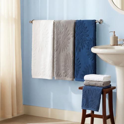 Tiamon 3 Pcs Bathroom Towel Decorative Set 100% Cotton Fluffy Bath Hand Towels for Guest Gifts Farmhouse Kitchen Hand Towels Home(White, Gray, Blue,30 x 13 Inch,Floral)
