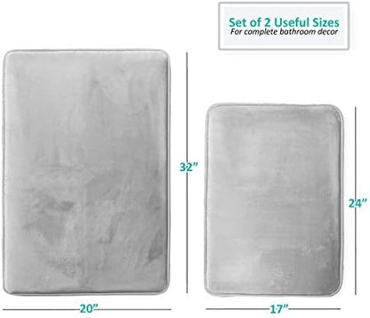 Clara Clark 2 Piece Bathroom Rugs Bath Mat Set, Velvet Memory Foam Bath Mats for Bathroom - Non-Slip, PVC Backing Bath Rugs, Washable - Dries Quickly, Silver