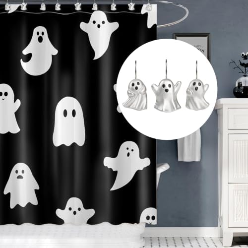 Sunlit Ghost Shower Curtain Hooks, Home Decorative Shower Curtain Rings for Bathroom, Halloween Shower Curtain Hangers Bathroom Accessories, Set of 12, Silver