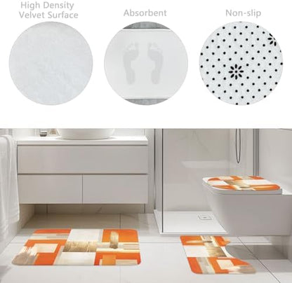 Riyidecor Orange Gold Abstract 4Pcs Bathroom Shower Curtain Sets Modern Geometric Aesthetic Bathroom Decor Set with Rugs and Accessories Minimalist Toilet Lid Rug, Contour and Bath Mat with 12 Hooks