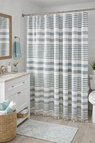 Serafina Home Teal Green & White Striped Cotton Shower Curtain with Fringe