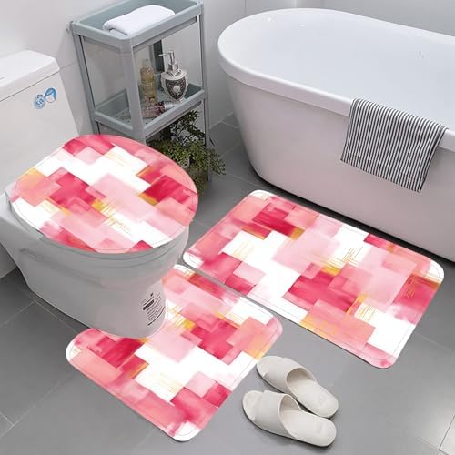 Yddsky 4 Pcs Pink Geometric Shower Curtain Set with Rugs Bathroom Set
