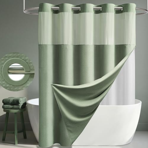 Dynamene Sage Green Hook Free Waffle Shower Curtain & Snap-in Liner,60x75