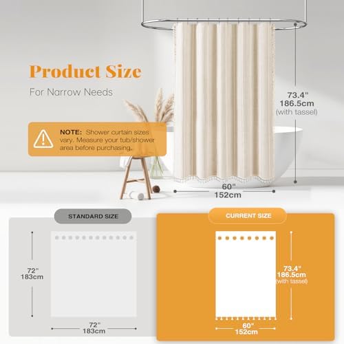 BTTN 60x72 Boho Farmhouse Linen Heavy Duty Shower Curtain Set, Cream/Beige