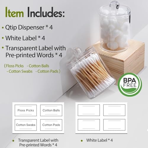 4 Pack Acrylic Qtip Holder Dispenser for Cotton Swabs, Balls, Floss Picks