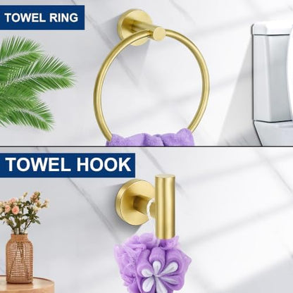 5 Pieces Bathroom Hardware Accessories Set Brushed Gold, 24Inch Bathroom Towel Rack Set SUS304 Stainless Steel, Round Toilet Paper Holder Heavy Duty, Wall Mounted