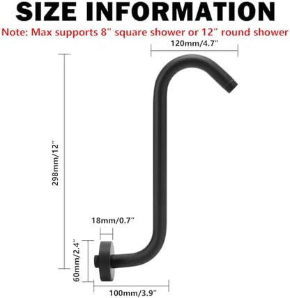 NearMoon S Shaped Shower Head Riser Arm, Shower Extender Arm with Flange, Standard 1/2" Connection- Bathroom Accessory (12 Inch, Matte Black)