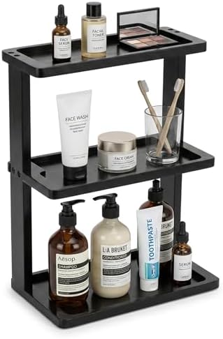 PEKER Bamboo Bathroom Organizer Countertop – Vanity Storage Shelf for Makeup, Perfume, Skincare – Natural Cosmetics Display Rack for Dresser, Sink, Kitchen – Black