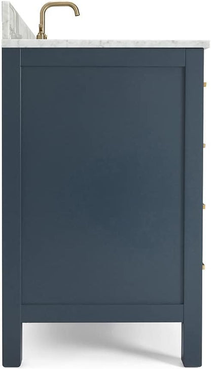 ARIEL Cambridge 36-inch Bathroom Vanity with Sink,Solid Wood, 0.75-inch Italian Carrara Marble Countertop, Single Rectangular Porcelain Sink, 2 Soft Closing Doors, 5 Dovetail Drawers, Midnight Blue